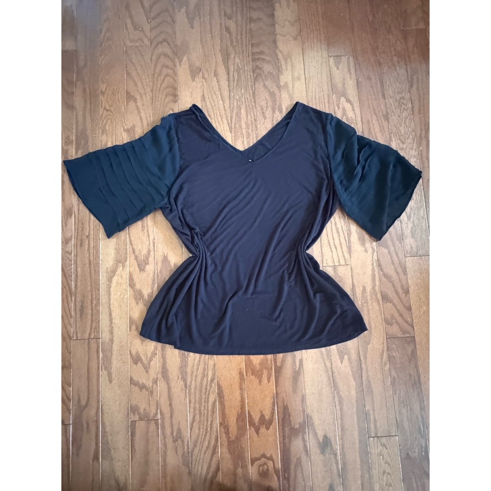 Soft Surroundings Black Top 3X Sheer Pleated Sleeve Boho Chic Tunic Blouse